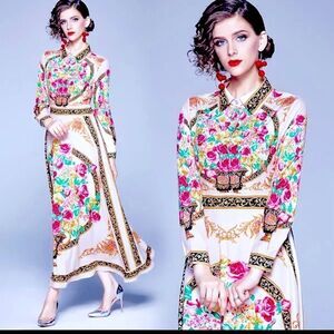 🌸 b3 XinYuan Floral Luxury Vintage Baroque Printed Maxi Dress Size L (AA4)